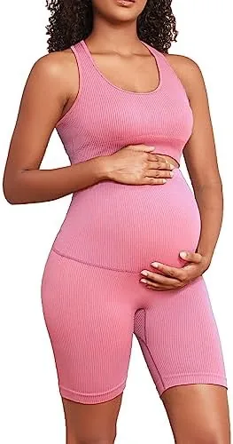 lataly womens maternity 2 piece outfit set bra shorts for pregnancy yoga workout lounge wear sets